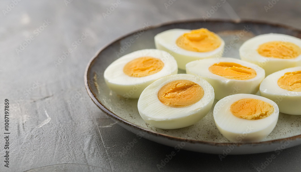 Hard boiled eggs on plate. Delicious food. Tasty meal. Cooking and culinary concept. Hard boiled eggs on plate. Delicious food. Tasty meal. Cooking and culinary concept.