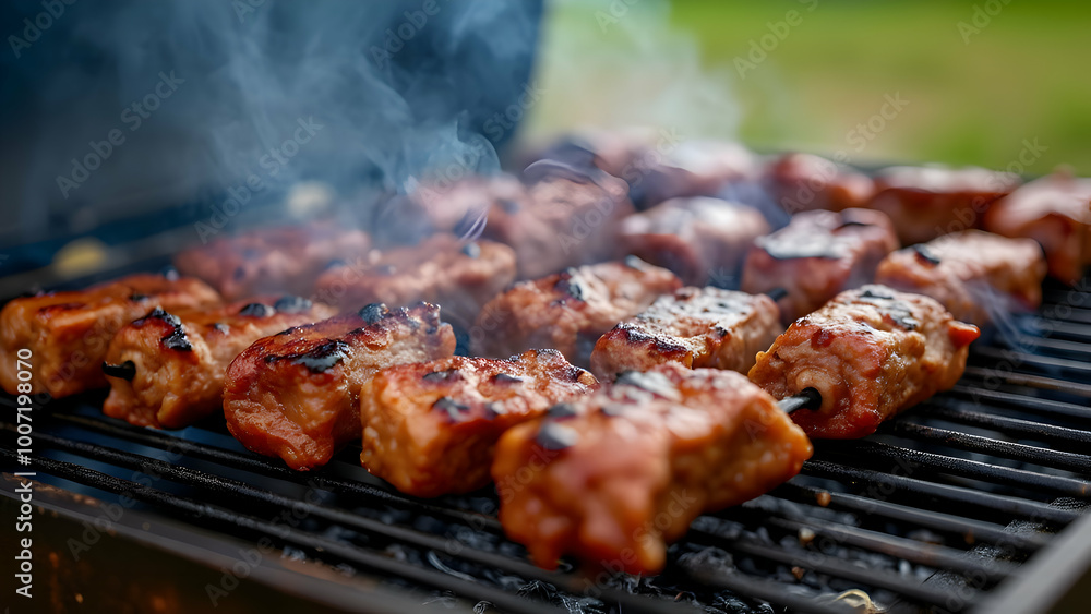 BBQ skewers on a backyard grill BBQ skewers on a backyard grill