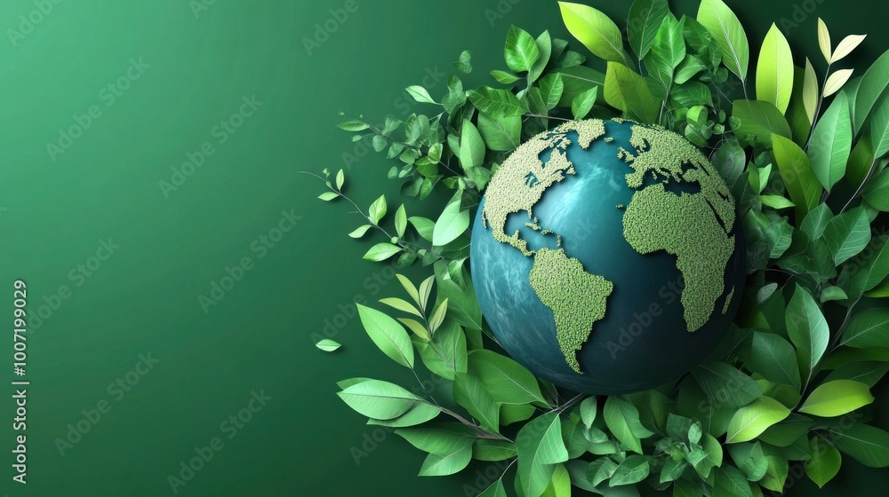 Green leaves surround a globe with a textured surface. Green leaves surround a globe with a textured surface.