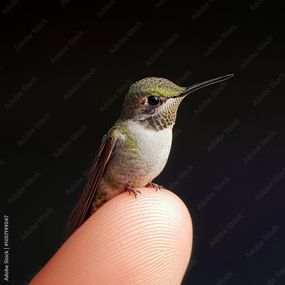 Obraz premium A close-up of a tiny hummingbird perched delicately on a finger. The image captures the grace and beauty of nature. Ideal for wildlife enthusiasts and nature lovers. AI