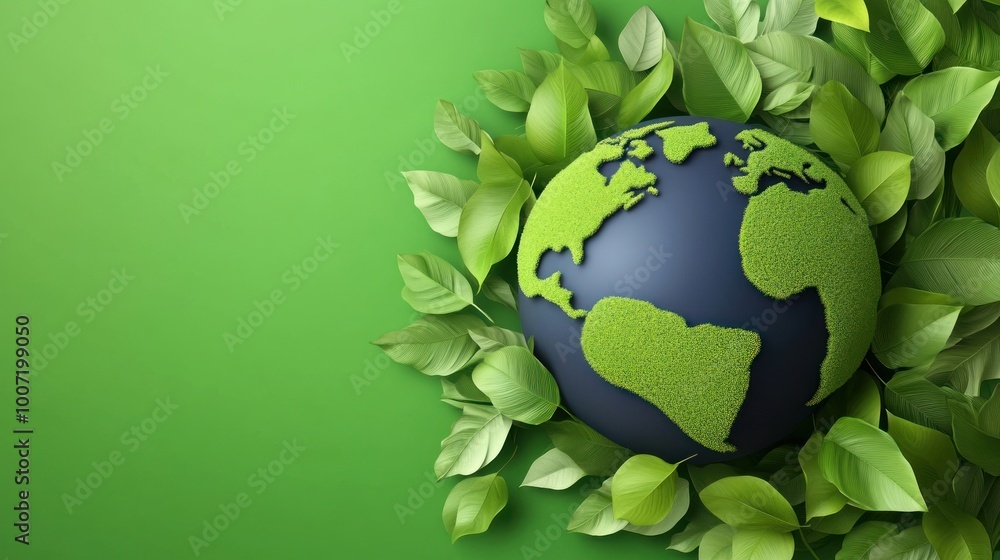 Green Globe With Leaves On Green Background. Green Globe With Leaves On Green Background.