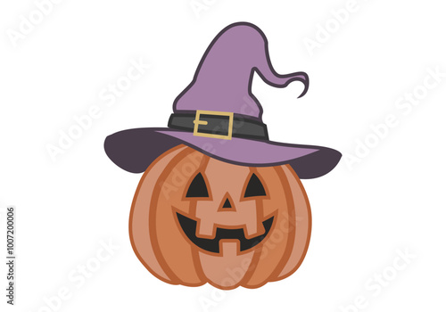 Calabaza con cara siniestra y sombrero de bruja morado