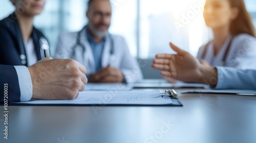 Medical professionals in a discussion around a table, focusing on documents and conversation.