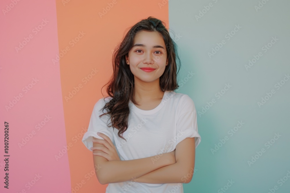 Fototapeta premium A woman stands against a vibrant and textured wall, ideal for use in lifestyle or travel-related content