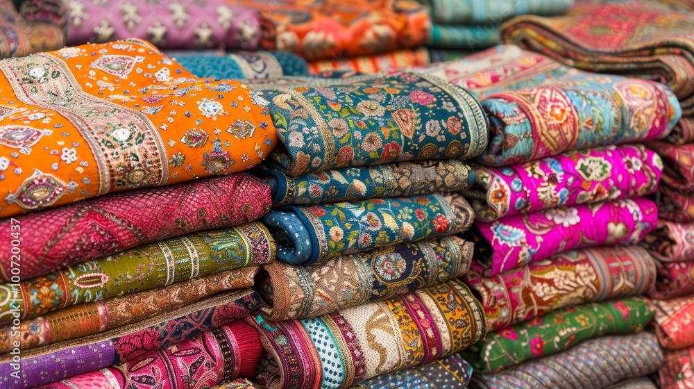 Vibrant fabrics in a colorful display a layered composition of textures and hues Vibrant fabrics in a colorful display a layered composition of textures and hues