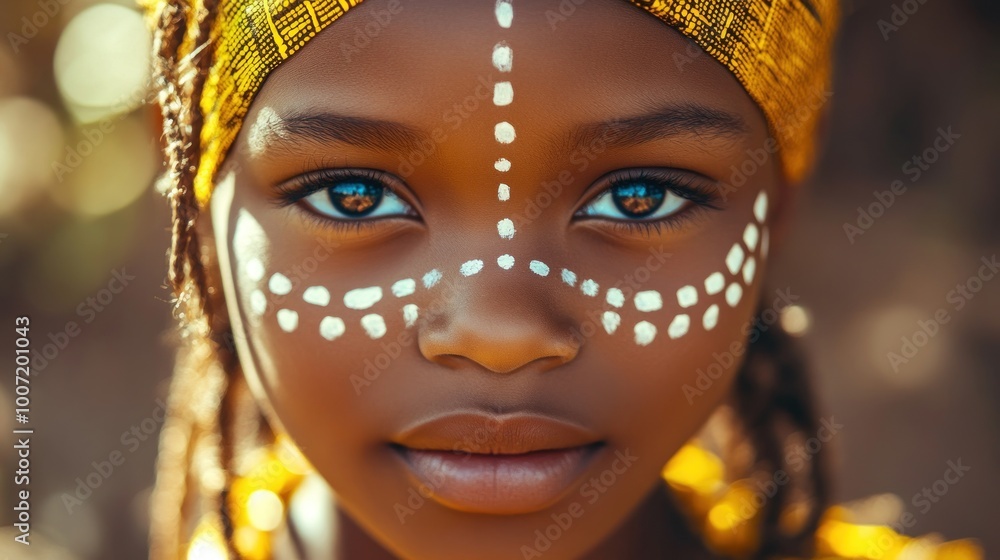Close-up portrait of a young African girl with white paint on her face and a yellow headband. Close-up portrait of a young African girl with white paint on her face and a yellow headband.