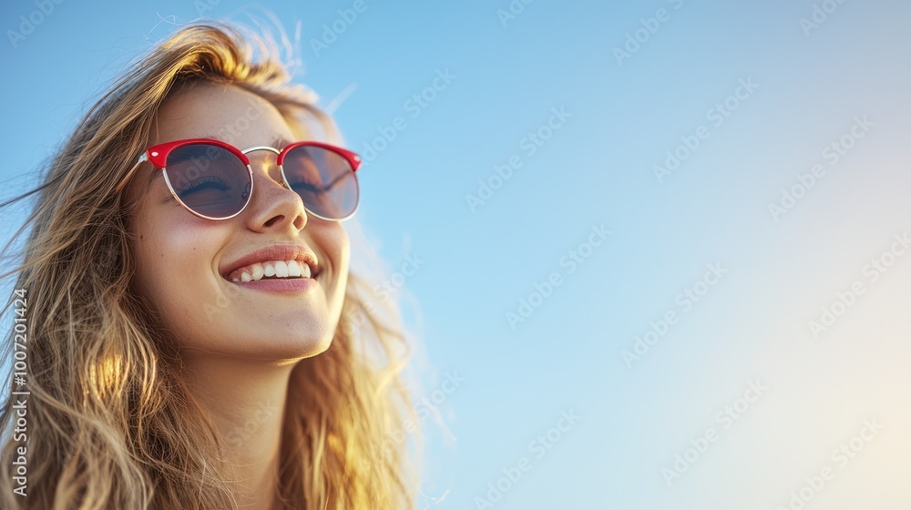 Smiling woman wearing sunglasses against a clear blue sky, radiating joy and positivity. Smiling woman wearing sunglasses against a clear blue sky, radiating joy and positivity.