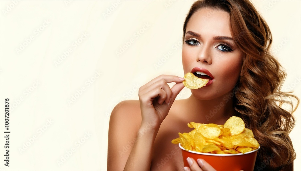 beautiful young woman eating crisps, AI generated beautiful young woman eating crisps, AI generated