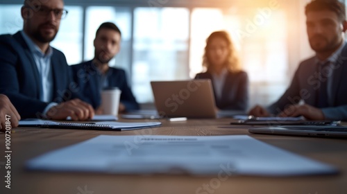 Team members engage in a meeting, discussing important documents and strategies, professional environment.