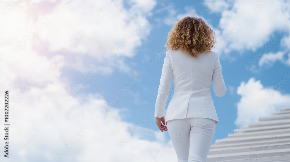 Woman in white suit walking up stairs against a bright blue sky with clouds. Woman in white suit walking up stairs against a bright blue sky with clouds.