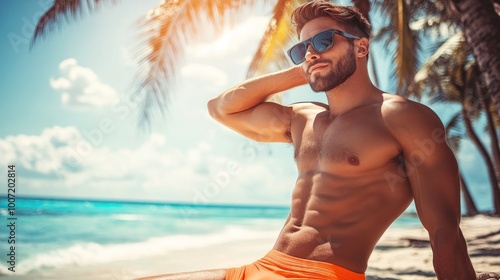 A muscular man in sunglasses relaxing on the beach.