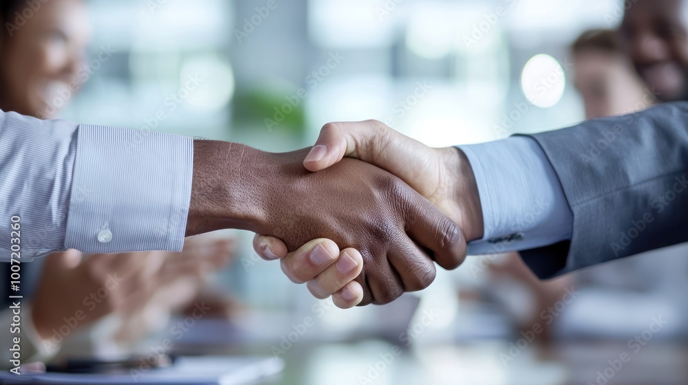 Close-up of diverse hands shaking in agreement at a professional meeting. Close-up of diverse hands shaking in agreement at a professional meeting.