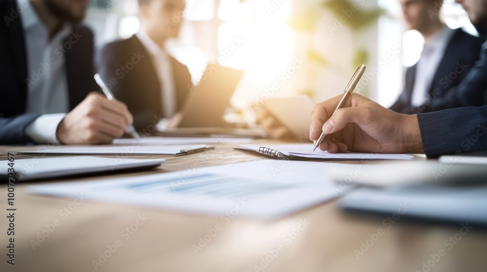 Collaborative meeting with professionals discussing financial strategies and taking notes. Collaborative meeting with professionals discussing financial strategies and taking notes.