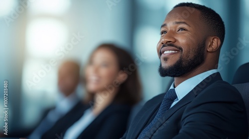 Confident business professional enjoying a moment in a meeting, smiling warmly with colleagues in the background.