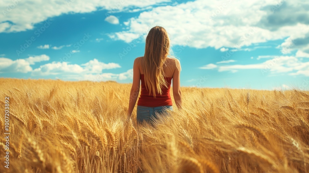 Young woman standing in a field of wheat, looking at the sky. Young woman standing in a field of wheat, looking at the sky.
