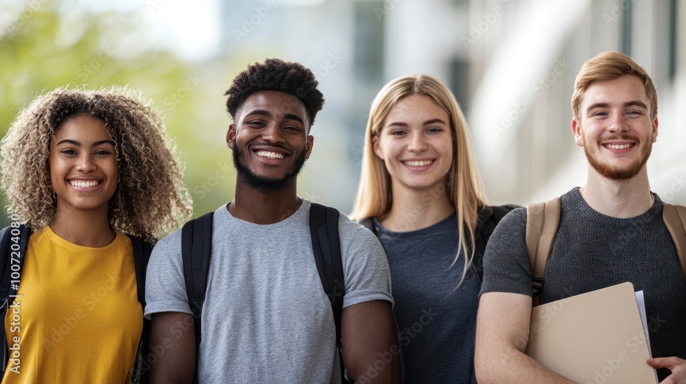 Group of diverse young adults smiling together outdoors, showcasing friendship and positivity. Group of diverse young adults smiling together outdoors, showcasing friendship and positivity.
