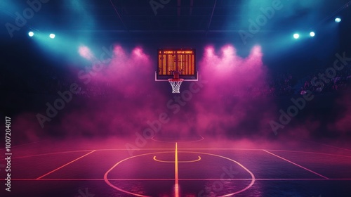 Empty basketball court with pink and blue lighting.