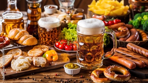 A table full of food and drinks, including a mug of beer. Octoberfest celebration, tradition, beer, festival, culture, joy, Germany, gathering, music, heritage, food concept