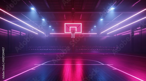 Neon lights illuminate a basketball court with a row of chairs in the background. photo