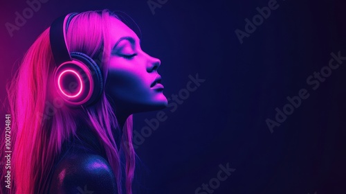 Woman with pink hair and glowing headphones in neon blue and pink light.