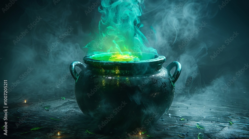 A green cauldron with smoke coming out of it. Halloween scene is mysterious and eerie A green cauldron with smoke coming out of it. Halloween scene is mysterious and eerie