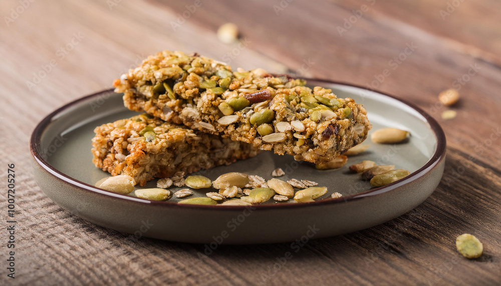 Tasty and healthy homemade organic granola protein bar with oats and seeds. Delicious vegan snack Tasty and healthy homemade organic granola protein bar with oats and seeds. Delicious vegan snack