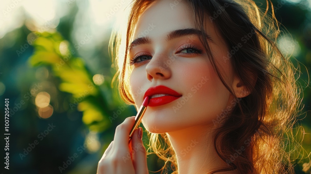 Closeup of a young woman applying red lipstick, outdoors, with sunlight shining through her hair. Closeup of a young woman applying red lipstick, outdoors, with sunlight shining through her hair.