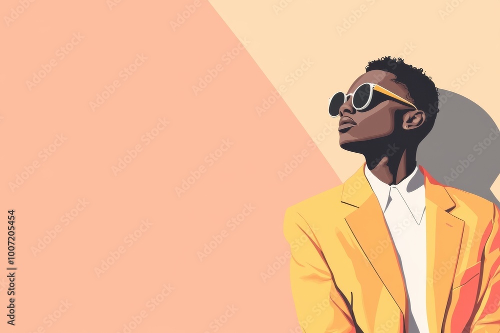 Minimalistic portrait of a stylish individual in bold fashion with sunglasses Minimalistic portrait of a stylish individual in bold fashion with sunglasses