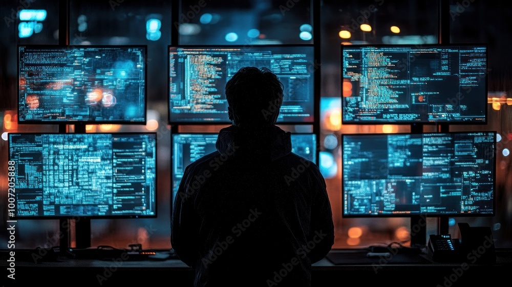A man stands in front of a wall of monitors displaying computer code, in a darkened room, with a cityscape in the background. A man stands in front of a wall of monitors displaying computer code, in a darkened room, with a cityscape in the background.