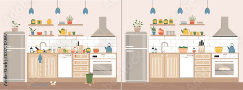 Clean and dearty kitchen. Kitchen before and after cleaning. Kitchen before and after cooking. Cleaning service.