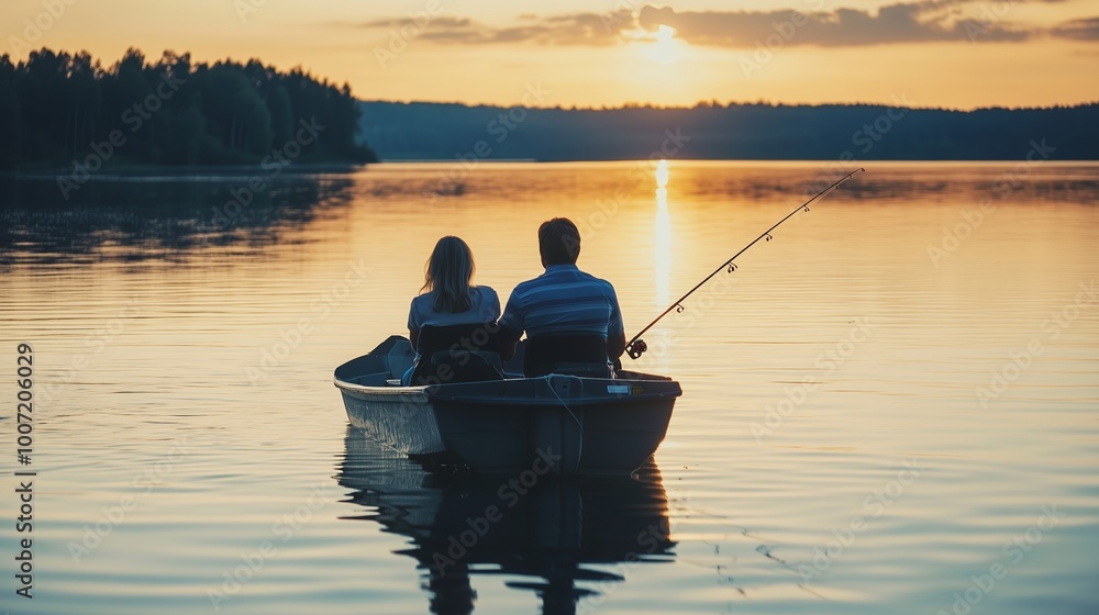 Couple fishing together in a boat during sunset on a calm lake surrounded by trees