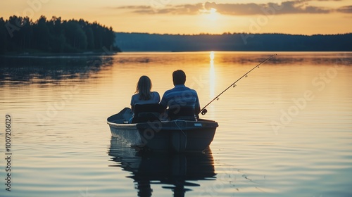 Fototapeta Naklejka Na Ścianę i Meble -  Couple fishing together in a boat during sunset on a calm lake surrounded by trees