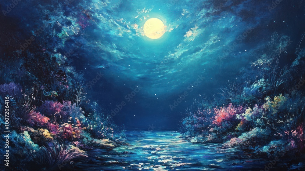 Naklejka premium A Moonlight Scene with Vibrant Coral and Water
