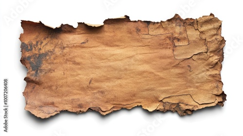 A weathered and torn piece of brown paper with a rough, textured surface. photo