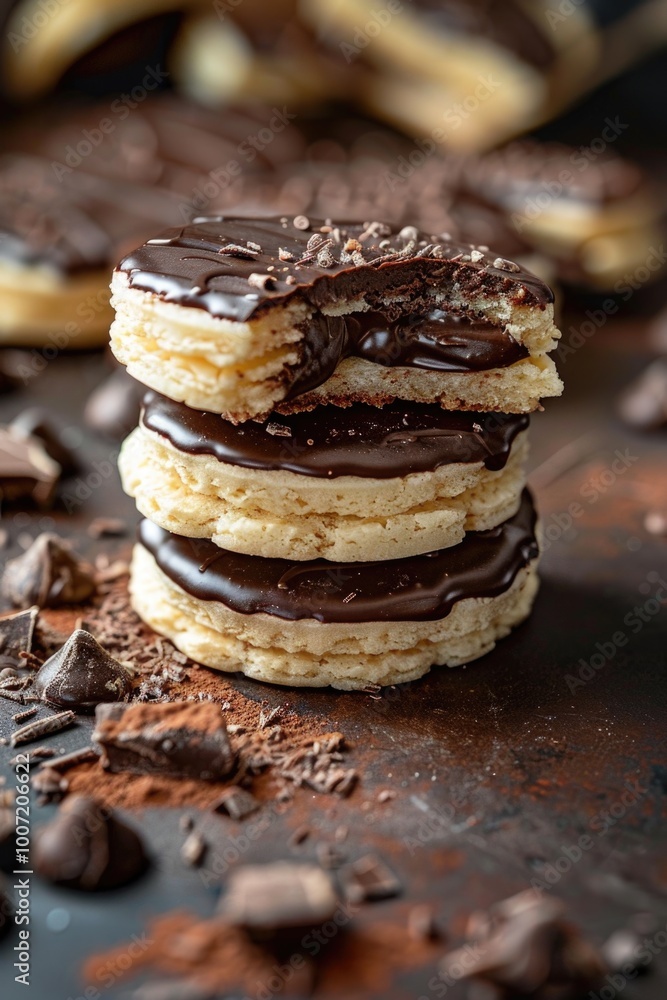 A stack of chocolate covered cookies sitting on a table, great for food photography and recipe illustrations A stack of chocolate covered cookies sitting on a table, great for food photography and recipe illustrations