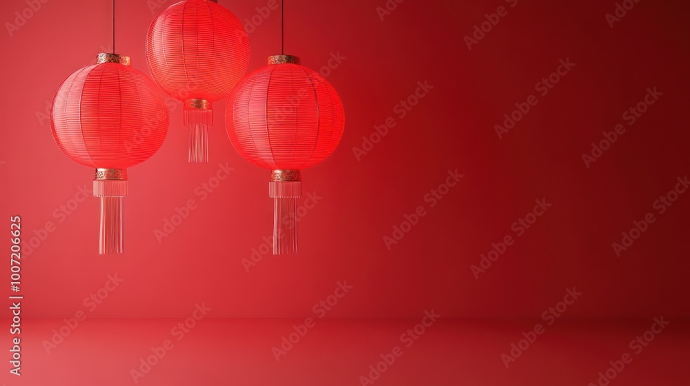 Three red Chinese lanterns with gold tassels hanging against a red background. Three red Chinese lanterns with gold tassels hanging against a red background.