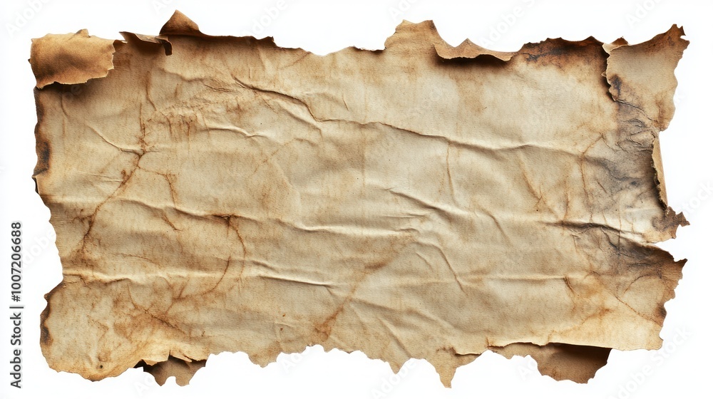 A piece of old, burnt, and crumpled paper isolated on a white background. A piece of old, burnt, and crumpled paper isolated on a white background.