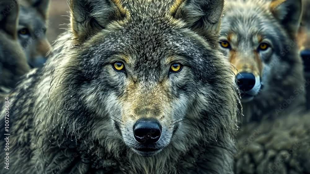 A grey wolf stares intensely at the camera, surrounded by other wolves in a pack A grey wolf stares intensely at the camera, surrounded by other wolves in a pack