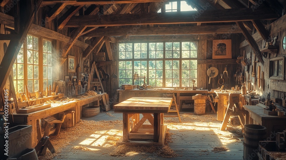 Carpentry shop with various tools and a wooden table Carpentry shop with various tools and a wooden table