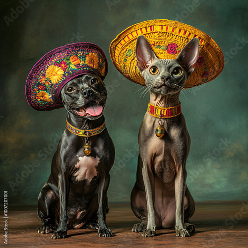 Happy dog ​​and cat in sombrero, mexican hat. dog and cat portrait