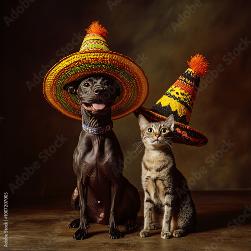 Happy dog ​​and cat in sombrero, mexican hat. dog and cat portrait