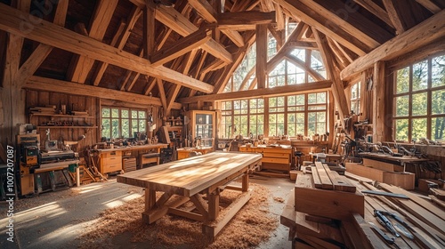 Interior of a carpentry shop or workshop, wooden table, glass room