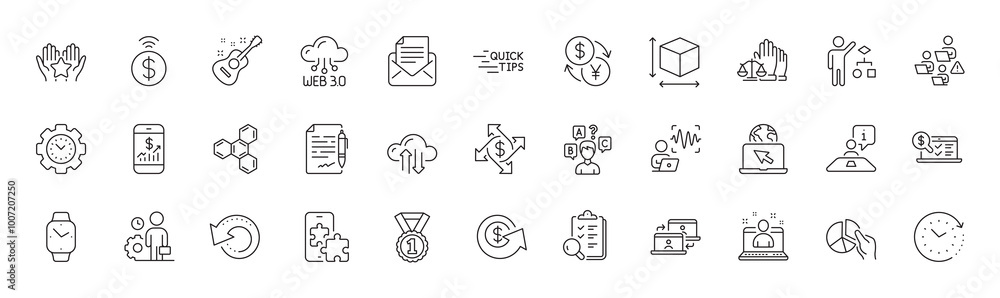 Fototapeta premium Interview, Time change and Payment exchange line icons. Pack of Internet, Quiz test, Best rank icon. Algorithm, Chemical formula, Contactless payment pictogram. Teamwork. Line icons. Vector