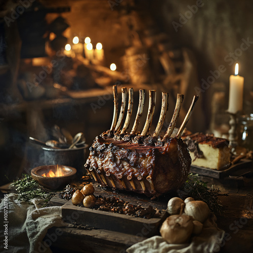 Roasted beef rib, restaurant photo, production photo in a cozy kitchen setting photo