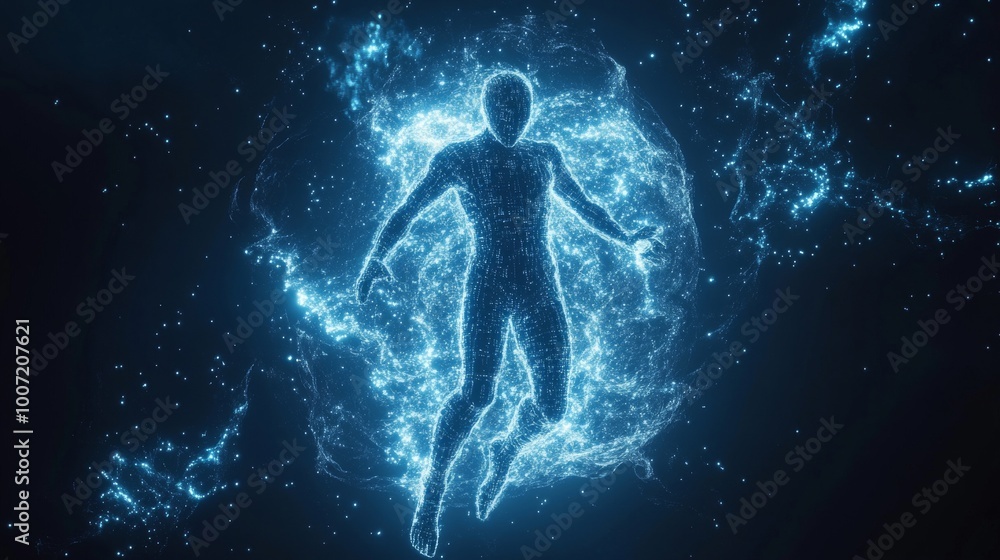 Futuristic Figure Made of Data Being Uploaded into a Cloud Storage System Futuristic Figure Made of Data Being Uploaded into a Cloud Storage System