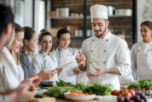 A chef teaching a cooking class, surrounded by students, explaining a technique with ingredients on the table, educational and professional environment.