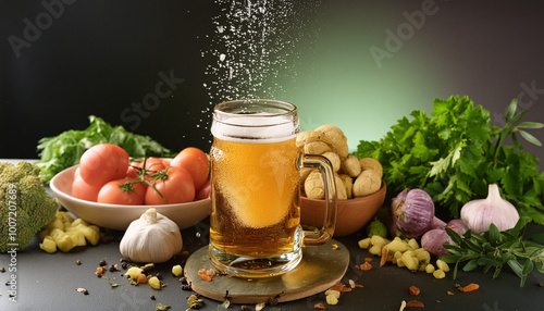 Beer in a glass jar on black gradient restaurant background photo