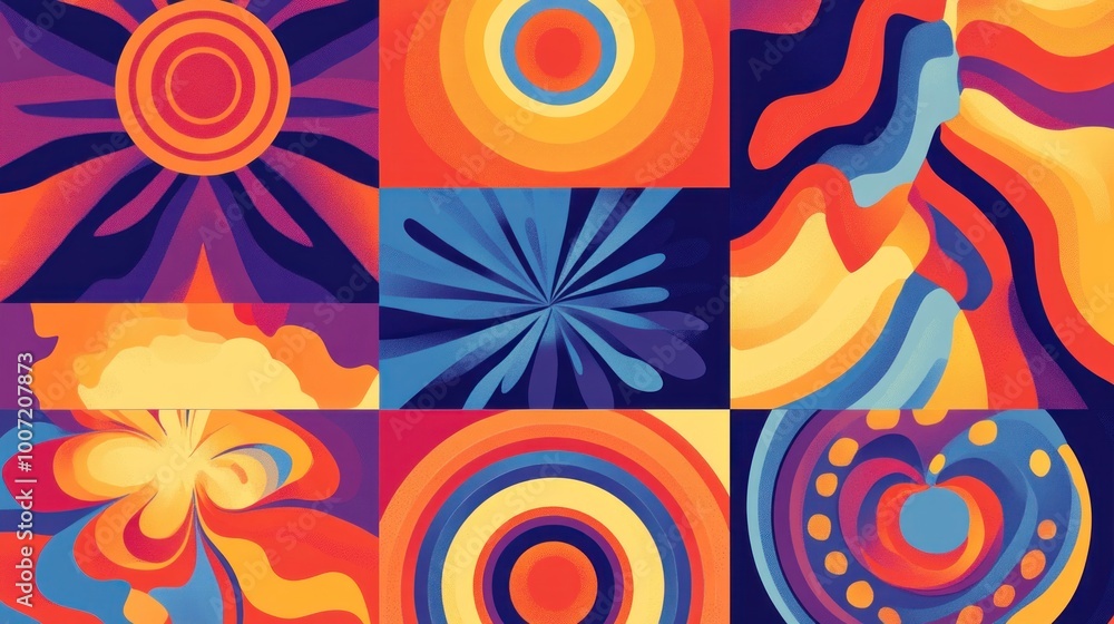 Fototapeta premium Abstract geometric background with vibrant colors and bold shapes in a grid pattern.