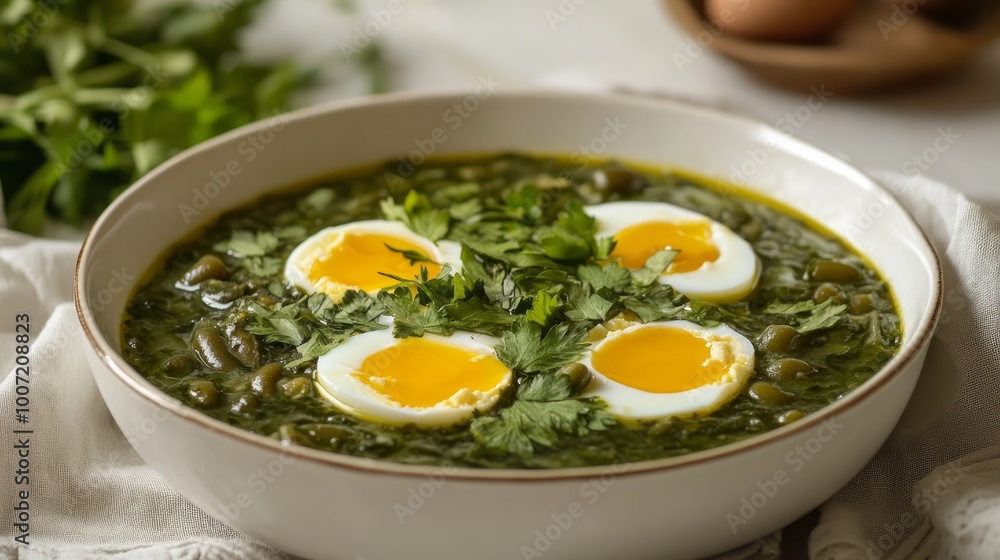 A traditional georgian dish, green lobio, made with stewed green beans, eggs, and fresh herbs, served in a white bowl with a subtle cloth backdrop. A traditional georgian dish, green lobio, made with stewed green beans, eggs, and fresh herbs, served in a white bowl with a subtle cloth backdrop.