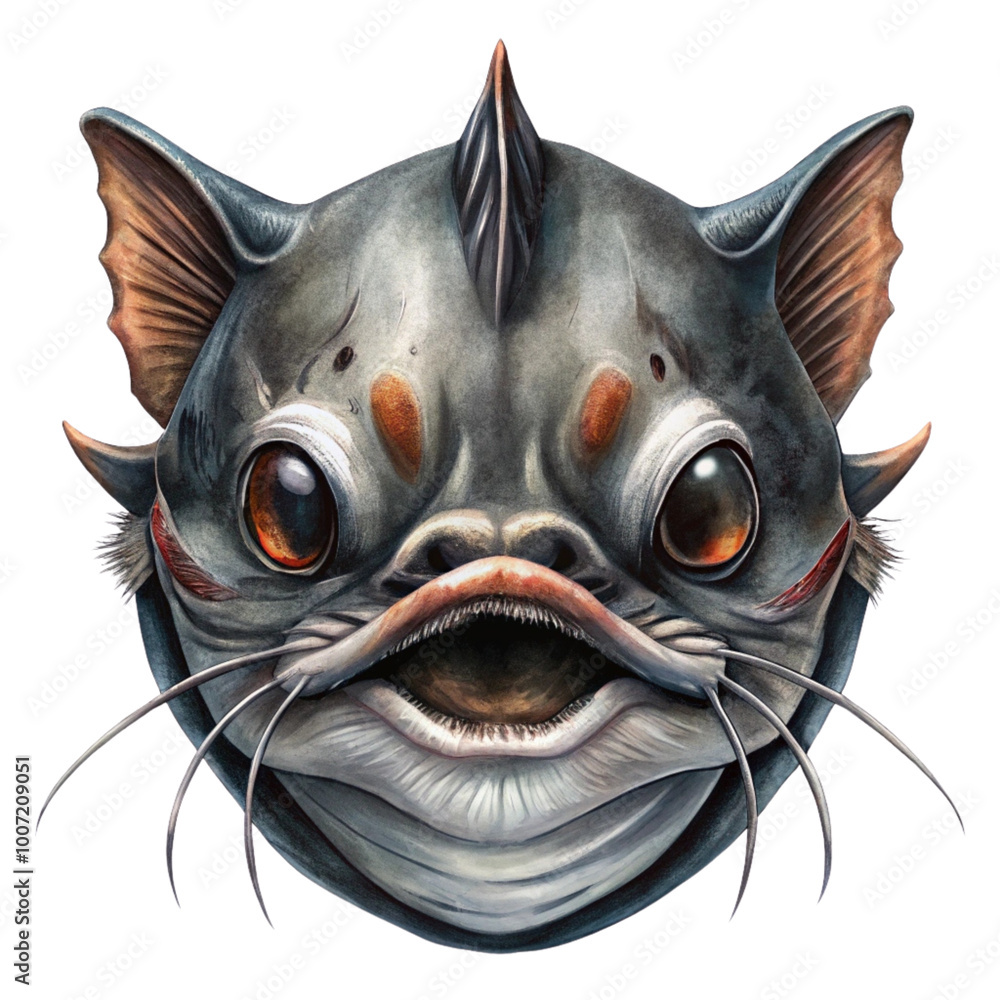 Naklejka premium Realistic Catfish Face Mask on Transparent Background, Ideal for Aquatic Themed Events and Costumes